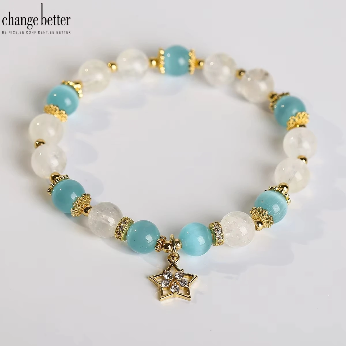 Natural Citrine Cat Eye Stone Rhinestone Star Pendant Bracelet Women Fashion Sweet Handmade Stretch Bracelet Femme Birthday Gift