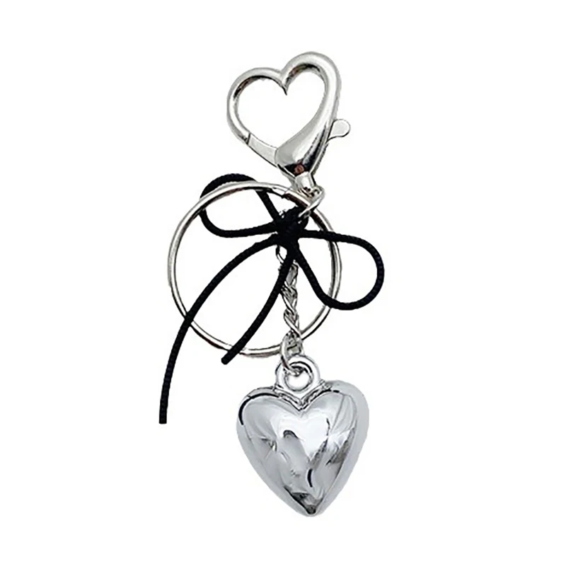 1PCS Y2K Simple Bowknot Heart Pendant Keyring Silver Color Metal Keychain Backpack Bag Hanging Decoration Car Key Holder