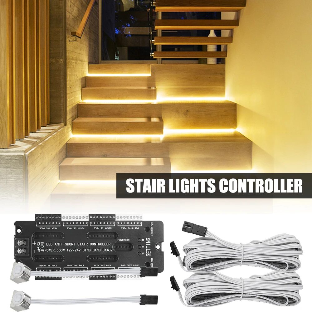 Indoor LED Motion Sensor For Stairs Flexible Strip DC 12V 24V 32 Channels Adjustable Brightness Stair Light Controller Kit