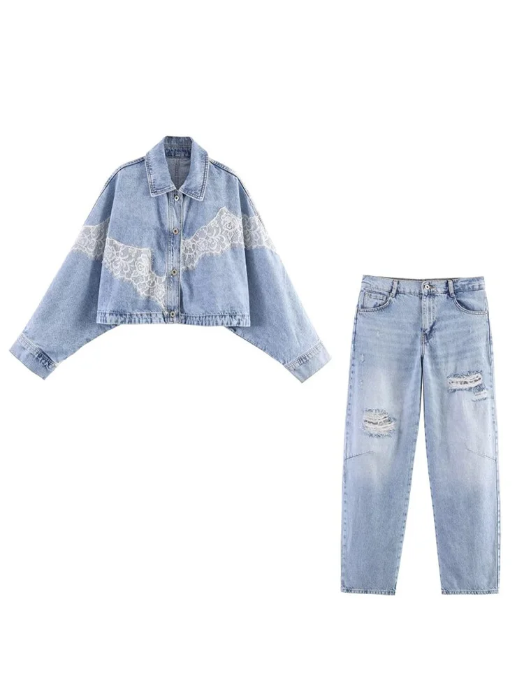

2026 Women Summer 2-Pieces Sets Fashion Denim Lace Spliced Jackets Coats and Jeans Female Elegant Street Loose Two Suits Clothes