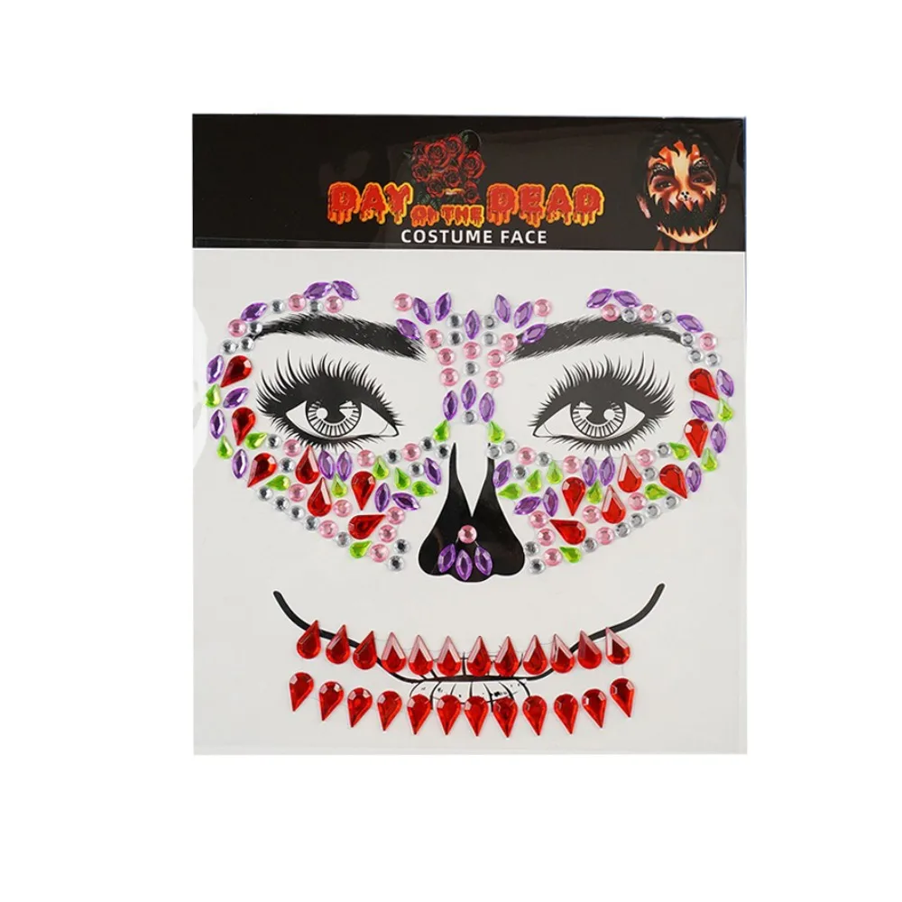 

Funny Rhinestone Face Sticker DIY Clown Makeup Halloween Fake Tattoo Cosplay Props Colorful Crystal Skull Face Sticker Festive