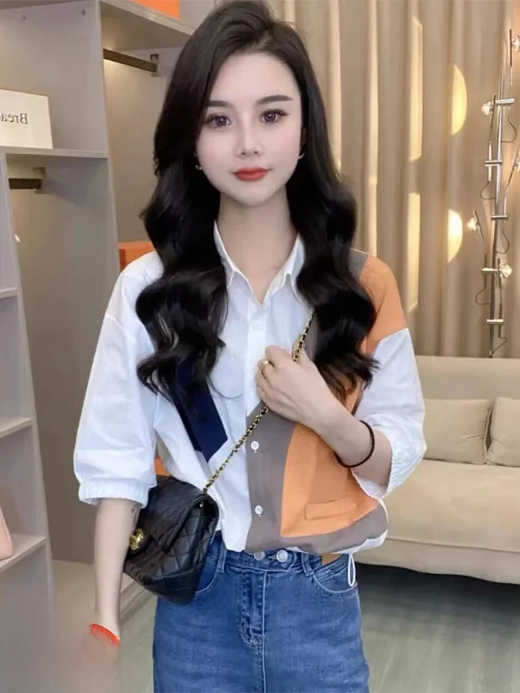 

Свободная женская рубашка с цветными блоками, имитация двухслойности, летняя, модная, в корейском уличном стиле, дышащая, удобная, с воротником...