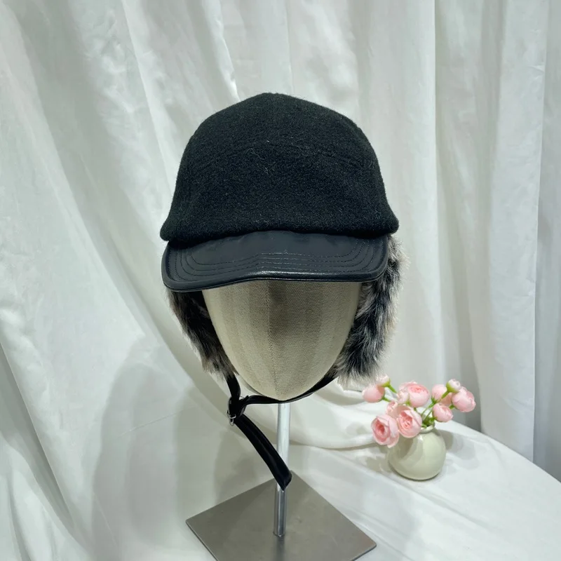 Niche Woolen PU Leather Splicing Plush Lei Feng Hat for Men and Women Winter Outdoor Warm Cycling Ear Protection Ski Bomber Hats