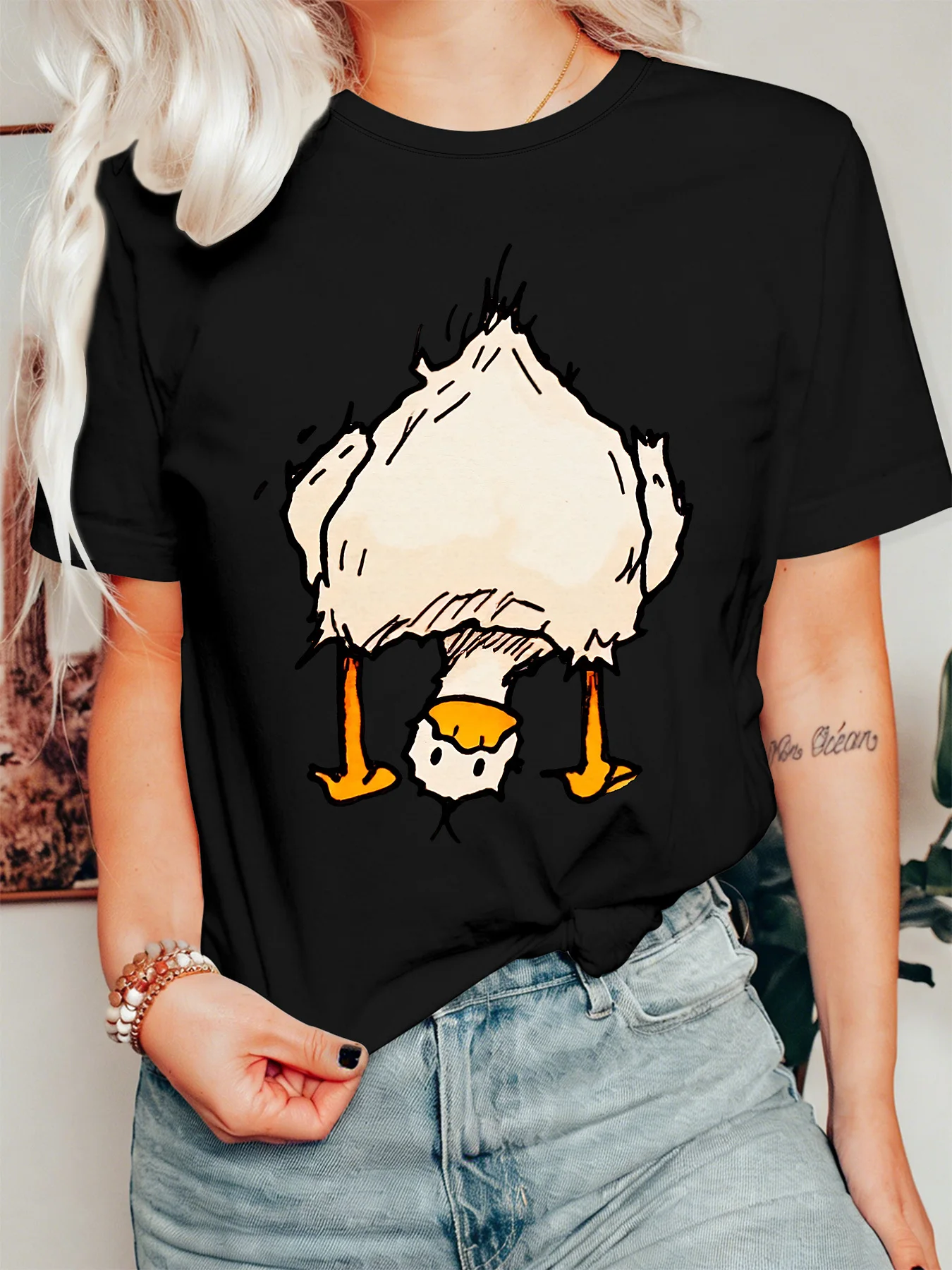 Goofy Headstand Duck Cartoon Womens T Shirt Funny Silly Bird Character Graphic Tee Short Sleeve Casual Party Ladies Tops