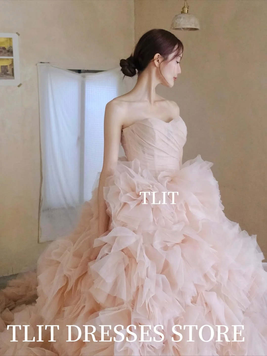 TLIT Lovely Pink Tiered Tulle Evening Dress이브닝 드레스 Korea Wedding Dresses Photo Shoot Pleats Strapless Prom Gown Customized