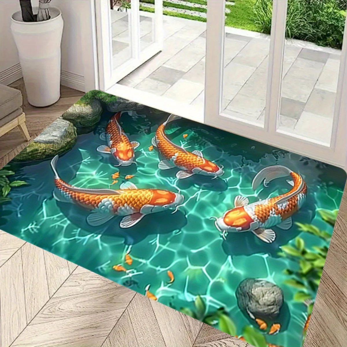 1pc,2D Flat Koi Fish Pond Water Ripples Zen Garden Flannel Area Rug Non Slip Asian Style Carpet For Living Room Yoga StudioDecor