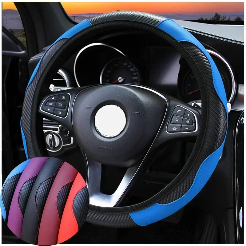 Auto Decoration Carbon Fiber Steering Wheel Cover 37-38.5cm Breathable Anti Slip PU Leather Steering Covers Suitable