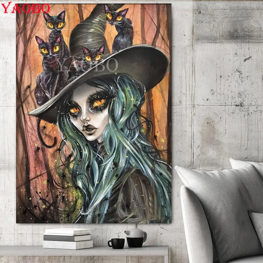 Full Square/Round Drill 5D DIY Diamond Embroidery Witch girl and sphynx cats Diamond Painting Cross Stitch Rhinestone Mosaic Art