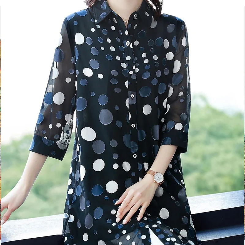 Summer New POLO Collar Fashion Three Quarter Shirt Women High Street Casual Button Mid-length Cardigan Printing All-match Tops