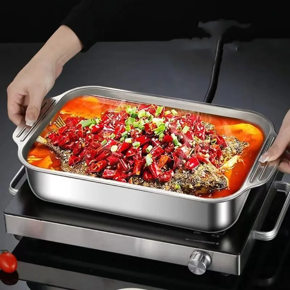 

Stainless Steel Grilled Fish Pan with Lid Rectangular Roaster Pan Large Capacity Easy To Clean Baking Tray Gas Induction Cooker