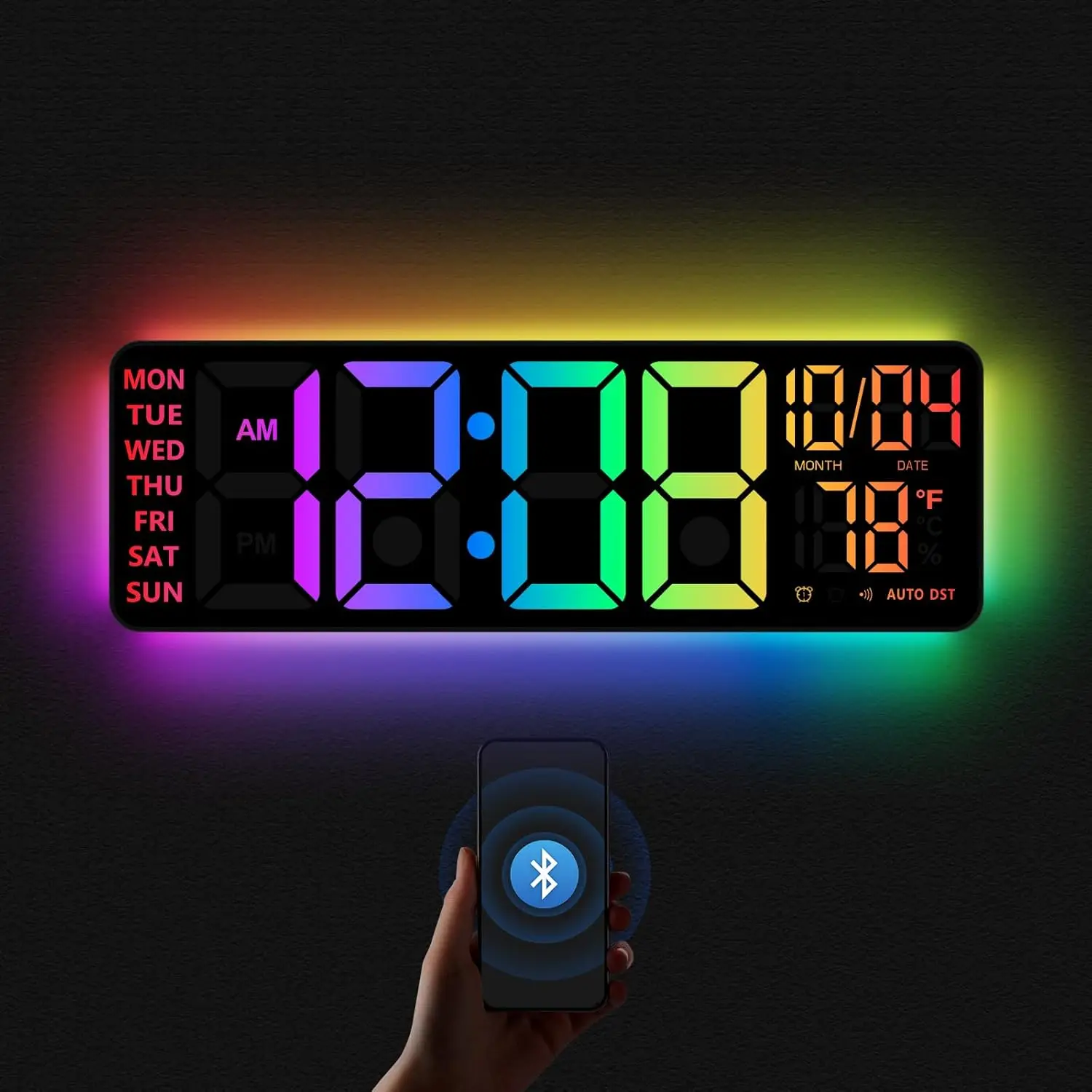 

16" Digital Wall Clock with Night Light, RGB Colors, Dual Alarm, Voice Control, Auto DST, Auto Time Sync, Gift for Elderly
