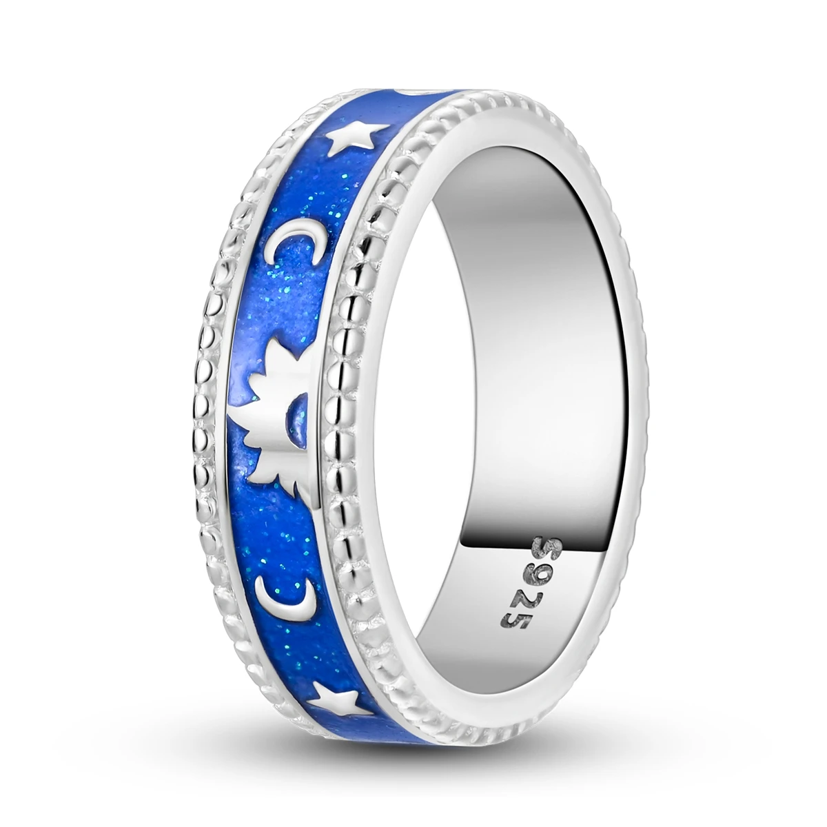 Fashionable 925 Sterling Silver Glow In Dark Sun Moon And Stars Blue Ring Women's Banquet Jewelry Accessories