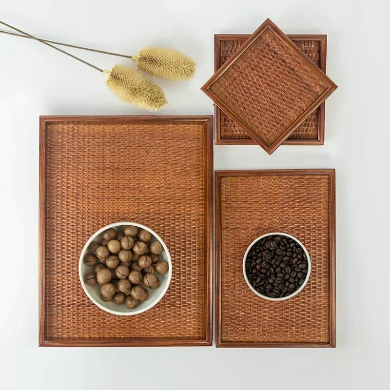 Thai Solid Wood Tray Japanese Rattan Woven Tea Tray,  Rectangular Household Hotel Tea Cup, Home Decoration, Retro Bamboo Weaving