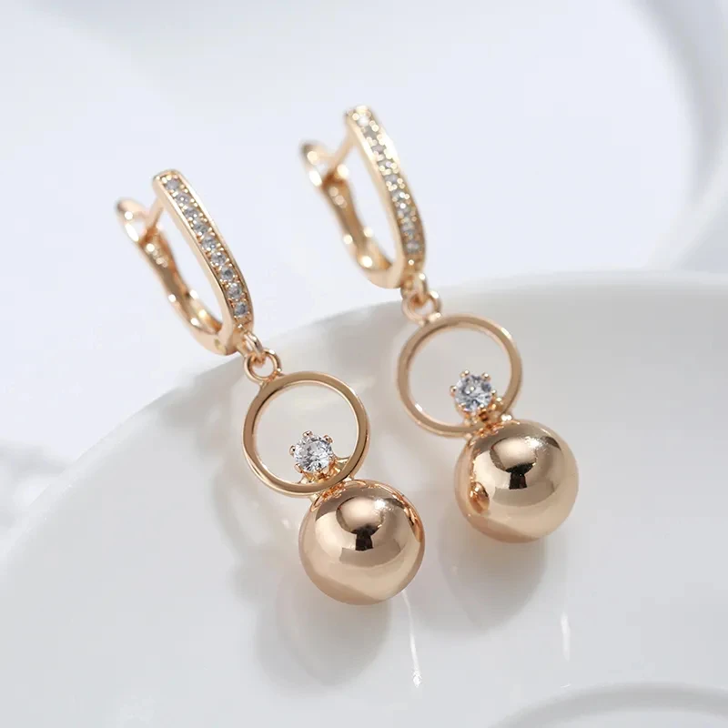 Wbmqda Trendy Metal Ball Pendant 585 Rose Gold Color Fashion Natural Zircon Long Hanging Earrings For Women Luxury Dubai Jewelry