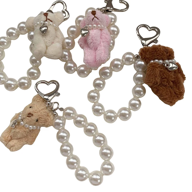 1PCS Plush Teddy Bear Keyring Joint Bear Pearl Phone Chain Pendant Keychain Jewelry Camera Bag DIY Decoration Handmade Gift