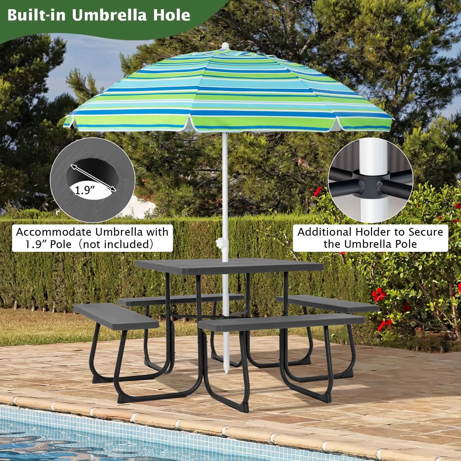 Picnic Table Bench Set for Up to 8 Persons, Square Outdoor Table and Bench with Umbrella Hole, HDPE Top & Metal Frame