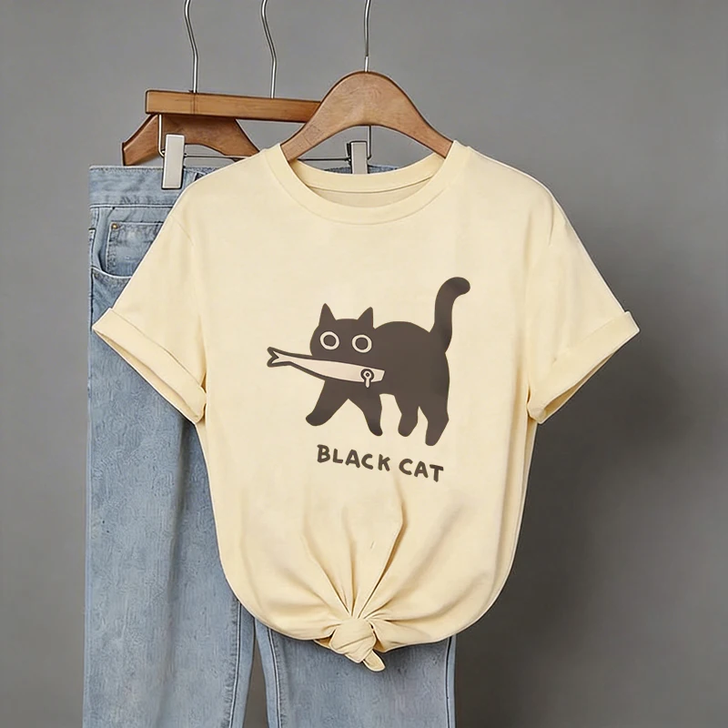 Damen-T-Shirt mit lustigem Aufdruck einer schwarzen Katze, die Fisch isst, im japanischen Stil, Rundhalsausschnitt, Kurzarm, lässiges Y2K-T-Shirt, Oberteil, Kleidung