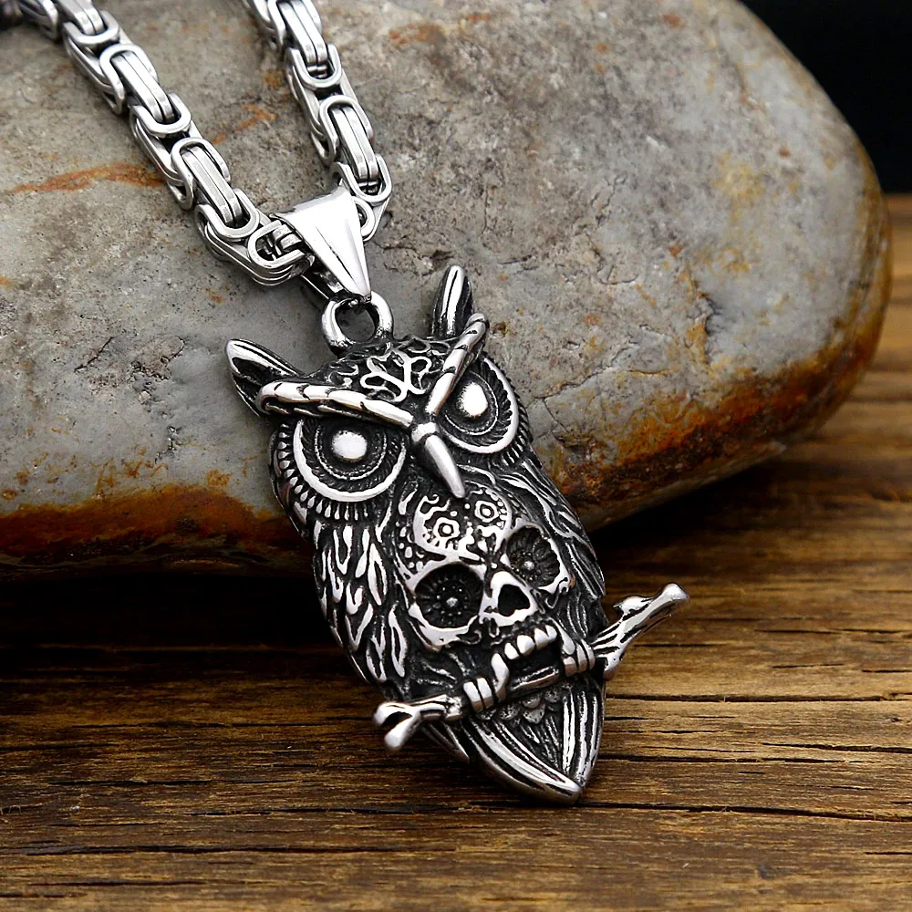 Goth Aged Texture Owl Skull Inlay Pendant Stainless Steel Necklace Dark Style Halloween Costume Party Jewelry Suitable Unisex