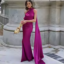 Wedding Guest Dresses Ribbon Halter Off Shoulder Maxi Dress - Purple