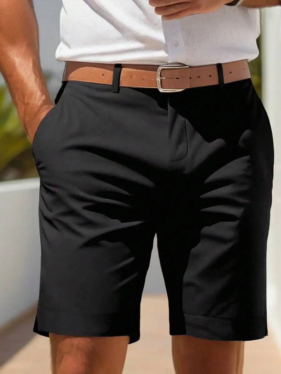 

Elegant Black Men’s Flat Front Casual Shorts For Everyday Smart-Casual Styling