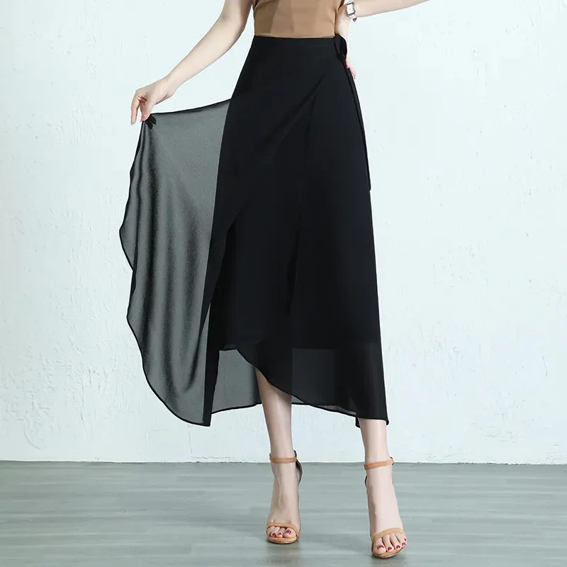 Summer Mid-Long Chiffon Skirt Women 2024 New Fashion Loose Thin Culottes Black Elegant Skirts High-Waisted Lace-up Skirt Female