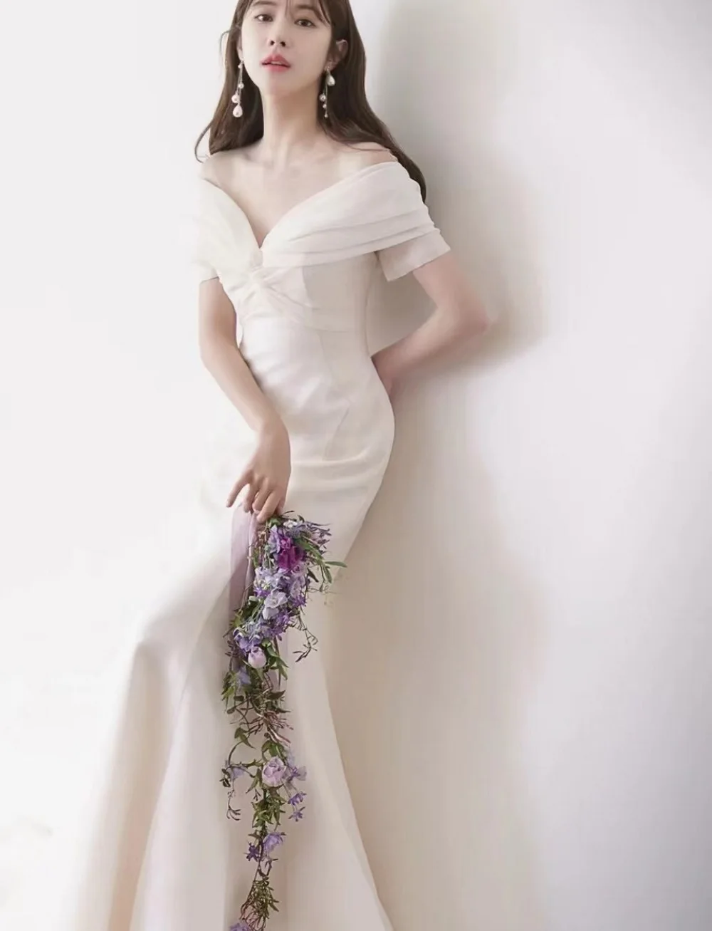 2022 New Design Ivory Wedding Dress  Off-Shoulder Customized Short Sleeves 웨딩드레스 Organza Backless Korean Mermaid Bridal Gowns