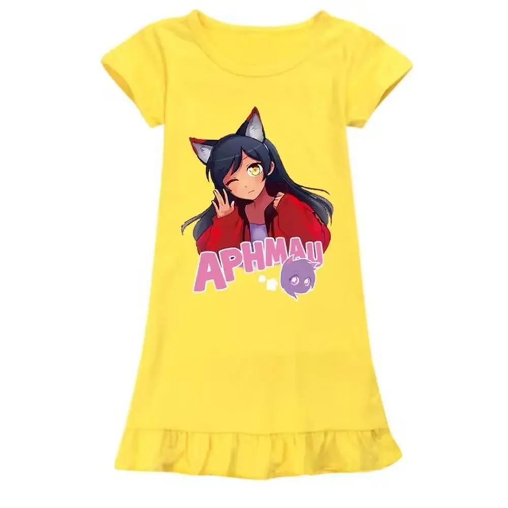 2024 Summer Kids Nightgown Cartoon Cute APHMAU Pajamas Dress for Baby Girls NightDress 2-12years Children Short Sleeve Sleepwear