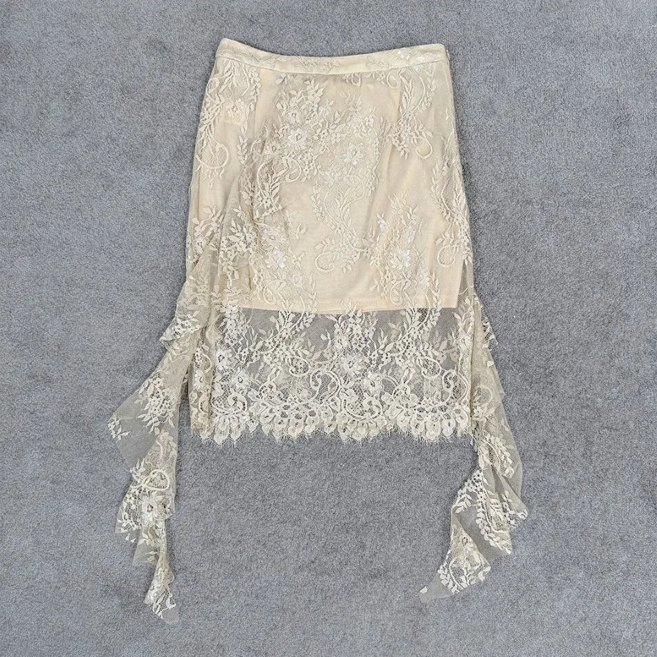 2026 Romantic French Lace Asymmetrical Skirt – Elegant Floral Embroidered Midi Skirt with Ruffled Handkerchief Hem in Cream