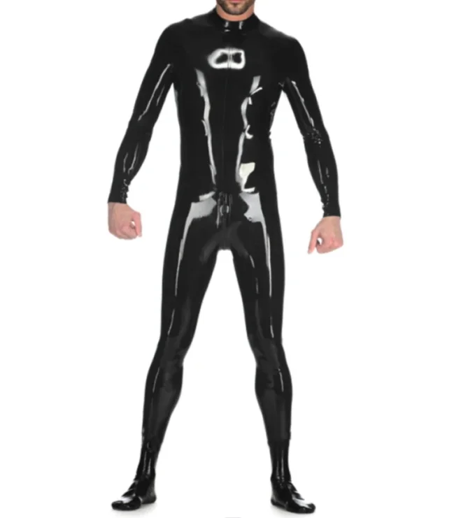 

Men's Latex Bodysuit Tight Jumpsuit Rubber Catsuit Clothing with Back Crotch Zip with Socks