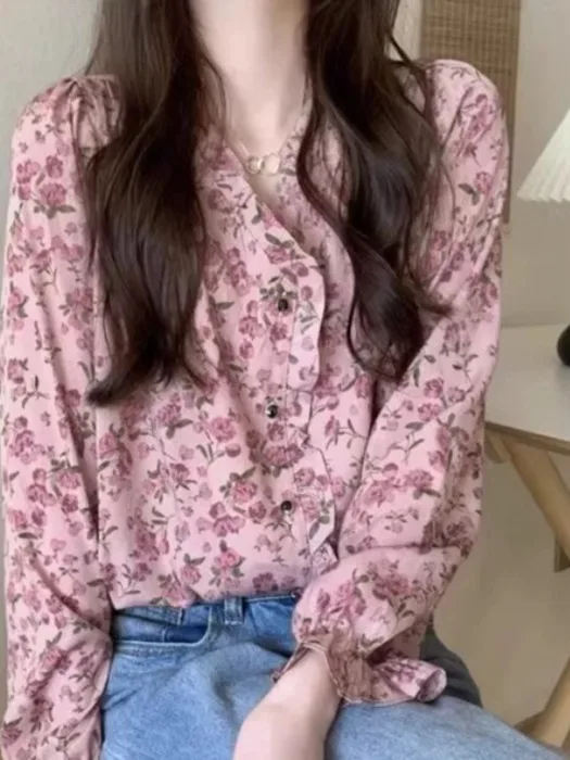 

Шифоновая женская блузка с цветочным принтом V-Ne Long Sve Vintage Sle Age-Defng Autumn Faion, свободная французская блузка