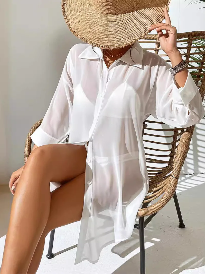 

Свободный длинный све irt, повседневный женский топ с отложным воротником, простой однотонный шифоновый материал, длина све Seven-quarter