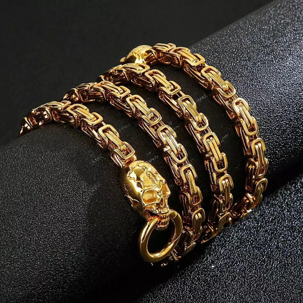 6mm Punk Gold Color Skull Necklace Men Women Hiphop Black Stainless Steel Bike Byzantine Chain Lion Dragon Head Choker Jewelry