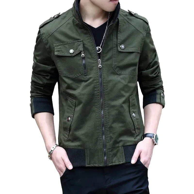 Spring Autumn New Men\'s Jacket Korean Fashion Stand-up Collar Thick Denim Cargo Pants Pure Cotton Coat Top Clothes