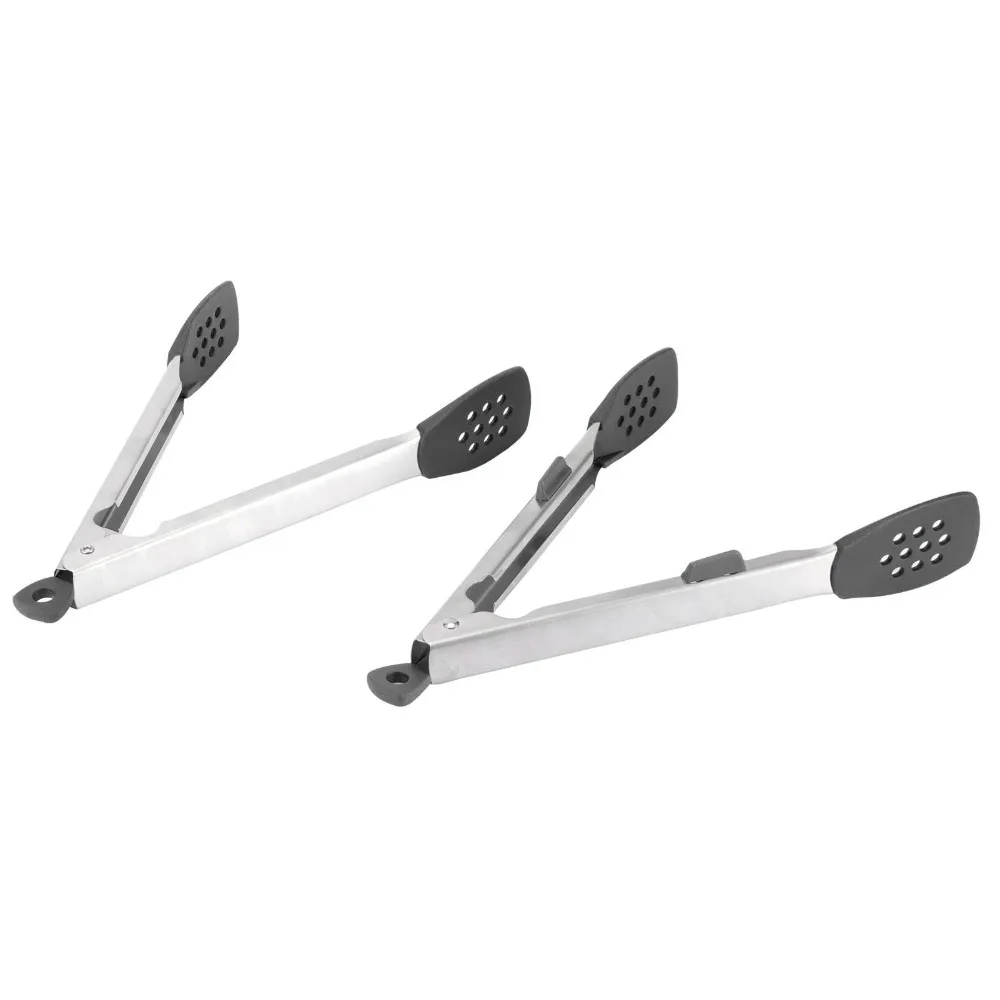 2pcs Stainless Steel Silicone Food Tongs Heat-Resistant Multipurpose Steak Clip Black with Hanging Loop Serving Tongs