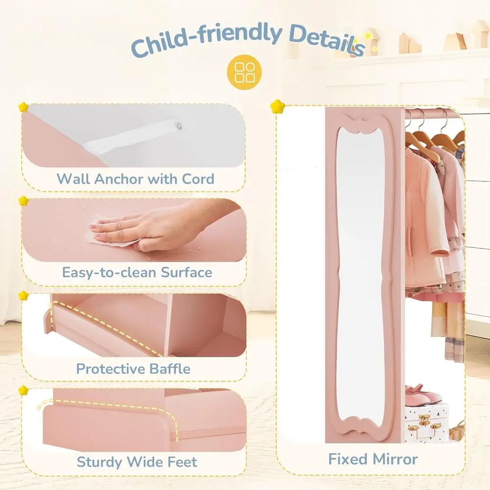 子供用ドレスアップ収納、フラワーミラー付き、子供用オープンハンギングクローゼットワードローブ、子供用アールモワール＆コスチュームオーガナイザー（寝室用）