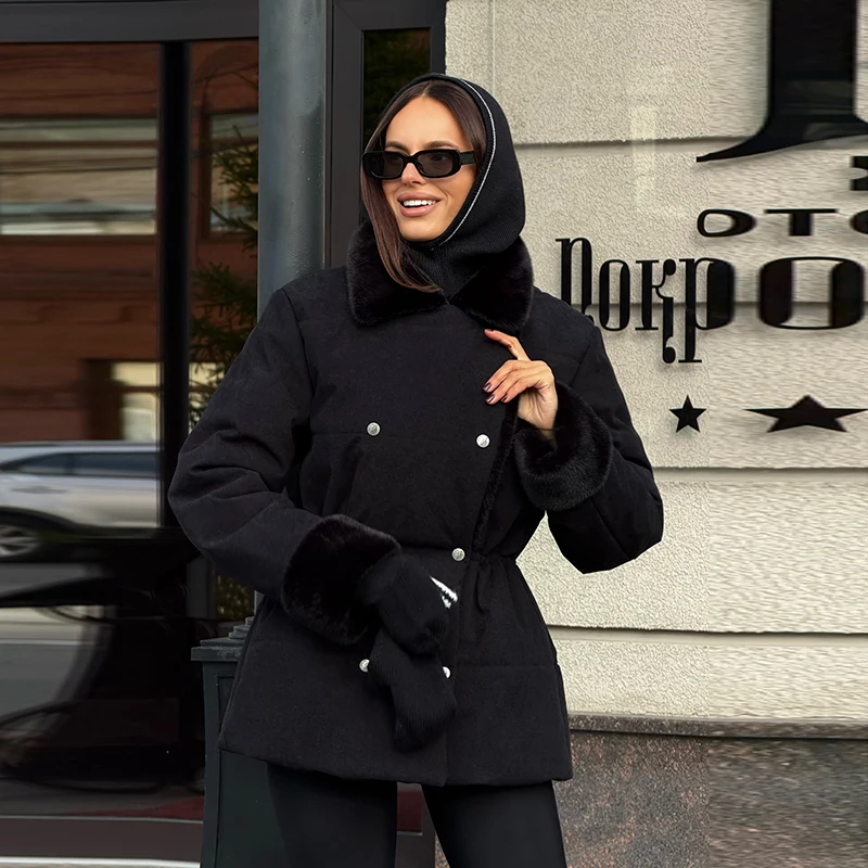 Casual Thicken Fur Patchwork Coats Women Full Sleeve Lapel Double Breasted Closed Waist Jackets Female 2026 Winter Lady Outwears