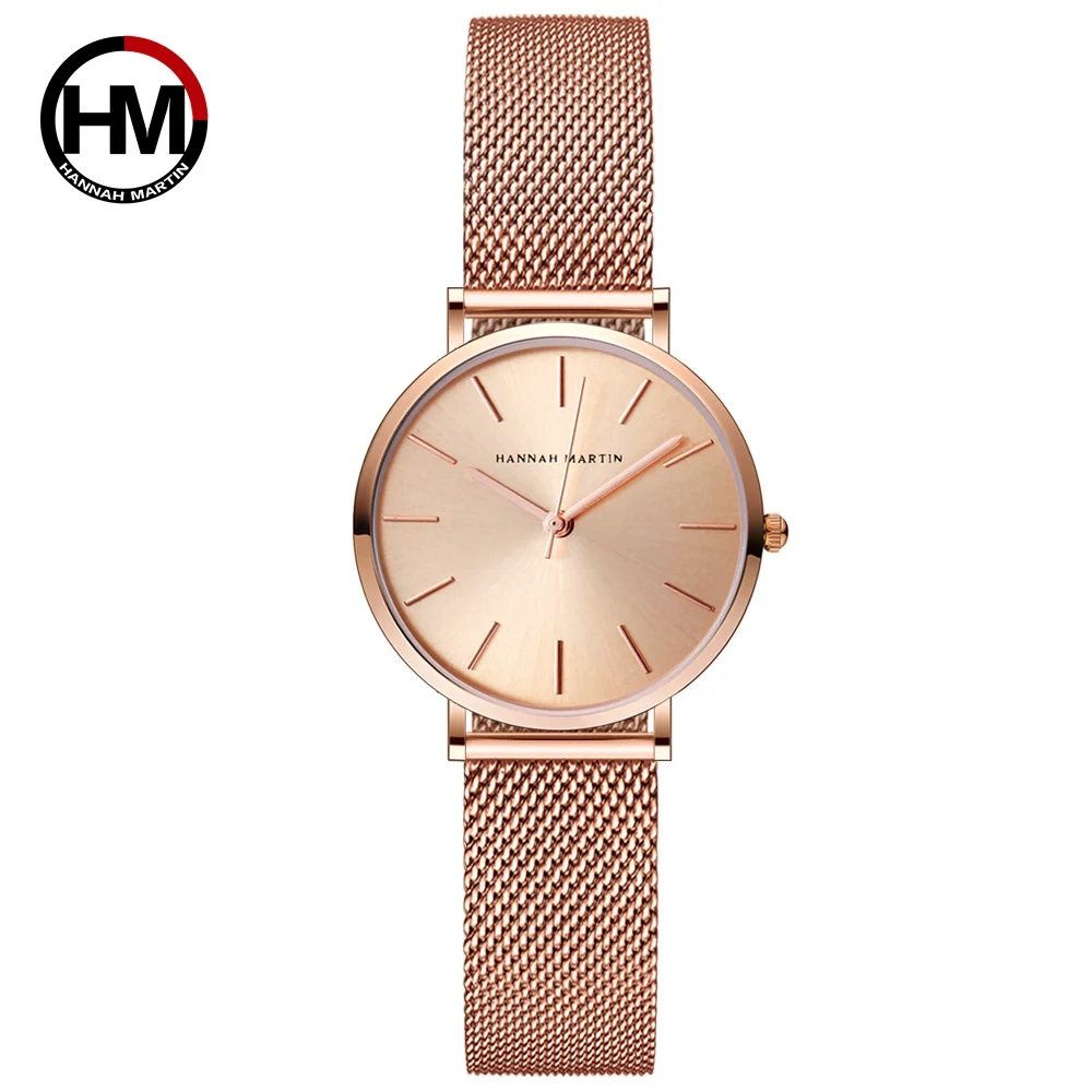 

Hannah Martin Top brand Women Watch Japan Quartz Movement Fashion Simple Waterproof Rose Gold Stainless Steel Mesh Ladies watch