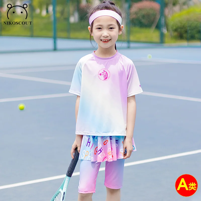 Girls Summer Training Little Girl Sports Quick-Drying Clothes Kidsren's Gradient Color Two-Piece Set Western Style Dopamine Complete Set Including Headband