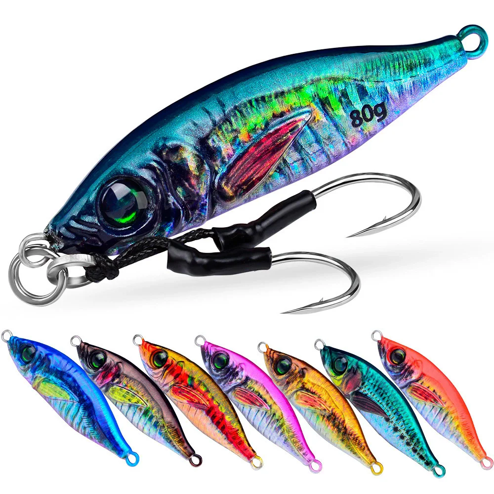 

1pcs Metal Fishing Bait 30g-80g Sinking Sea Bass Lead Jig Fish Lure 10 Color Artificial Lifelike Jigging Lure Bass Hook LF136