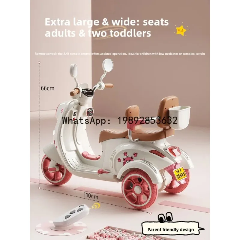 Children's Electric Three-Wheeled Motorcycle, Kids Can Sit, Rechargeable, Two-Person Remote Control Toy CarR25