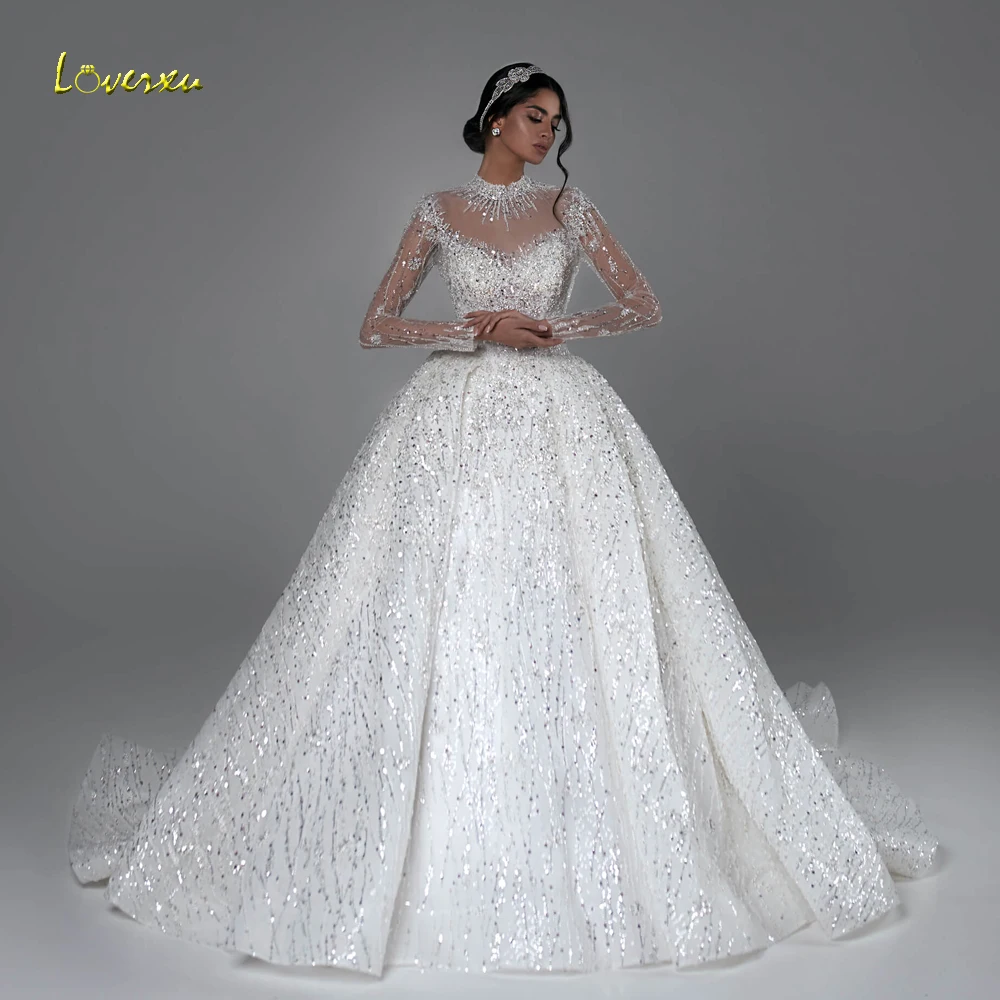 

Loverxu Ball Gown Luxury Wedding Dresses 2024 High Neck Long Sleeve Bride Dress Lace Sequined Shiny Court Train Robe De Mariee