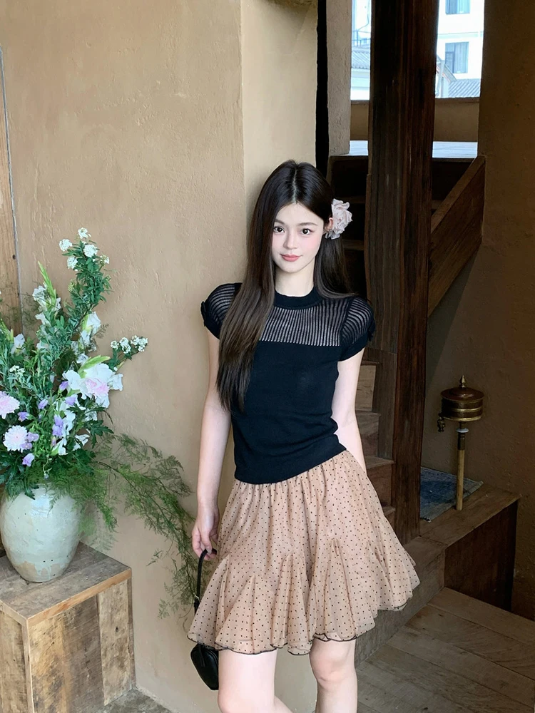 

Korean Hollow Design Short Sleeve Knitted Sweater Polka Dot A-Line Skirt Women's Summer New Fashion Set High Waist