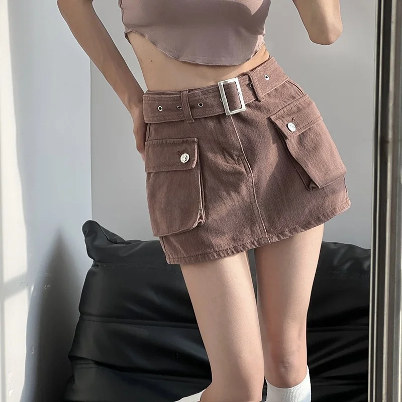 High Waist A-Line  Skirt with Belt Hot Girl Super Short Jeans Women's Workwear Large Pocket Anti-Light Skirt Pants