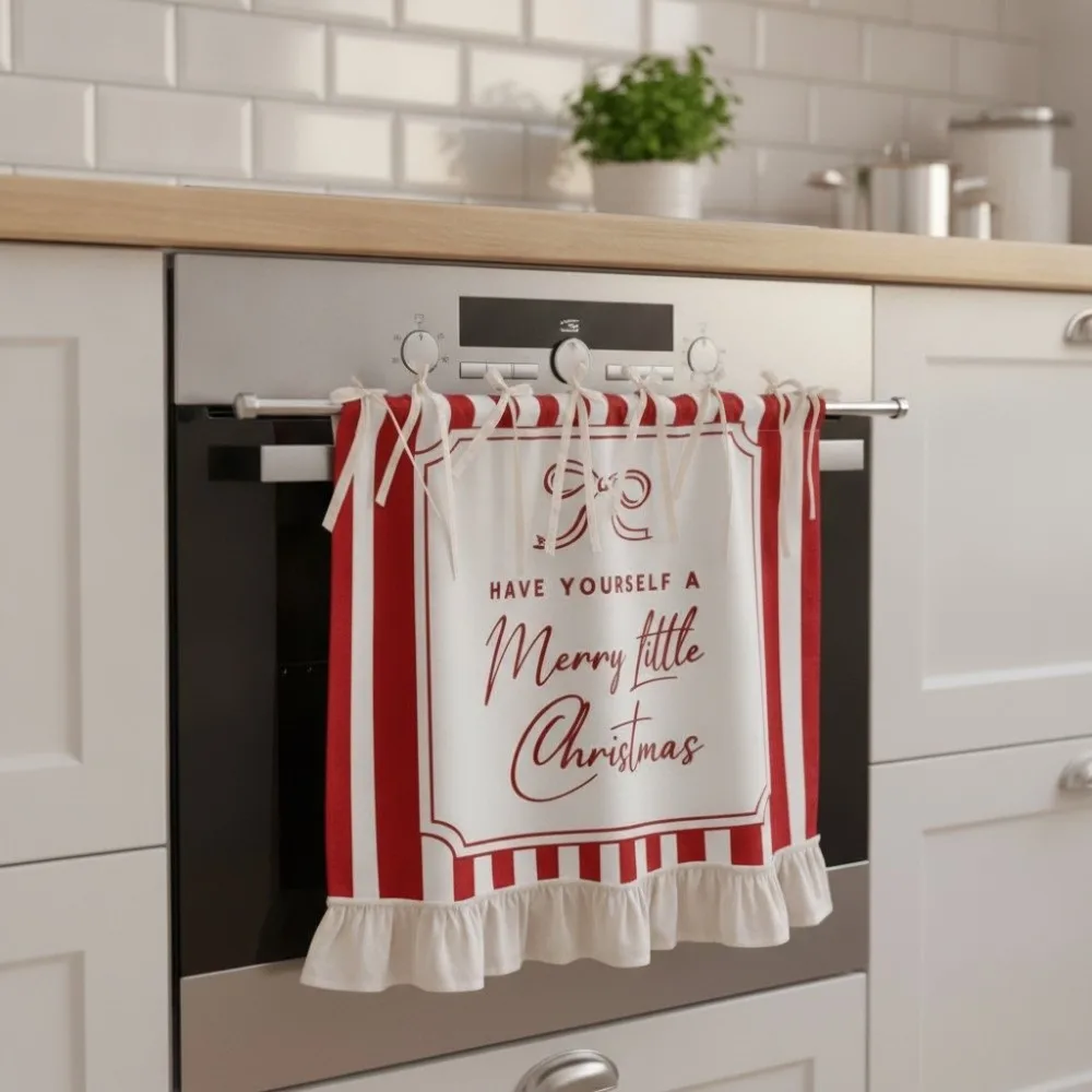 Lace-up Design Christmas Oven Curtain Ruffled Edge American-style Kitchen Stove Curtain Decorative Red and White Cabinet Curtain