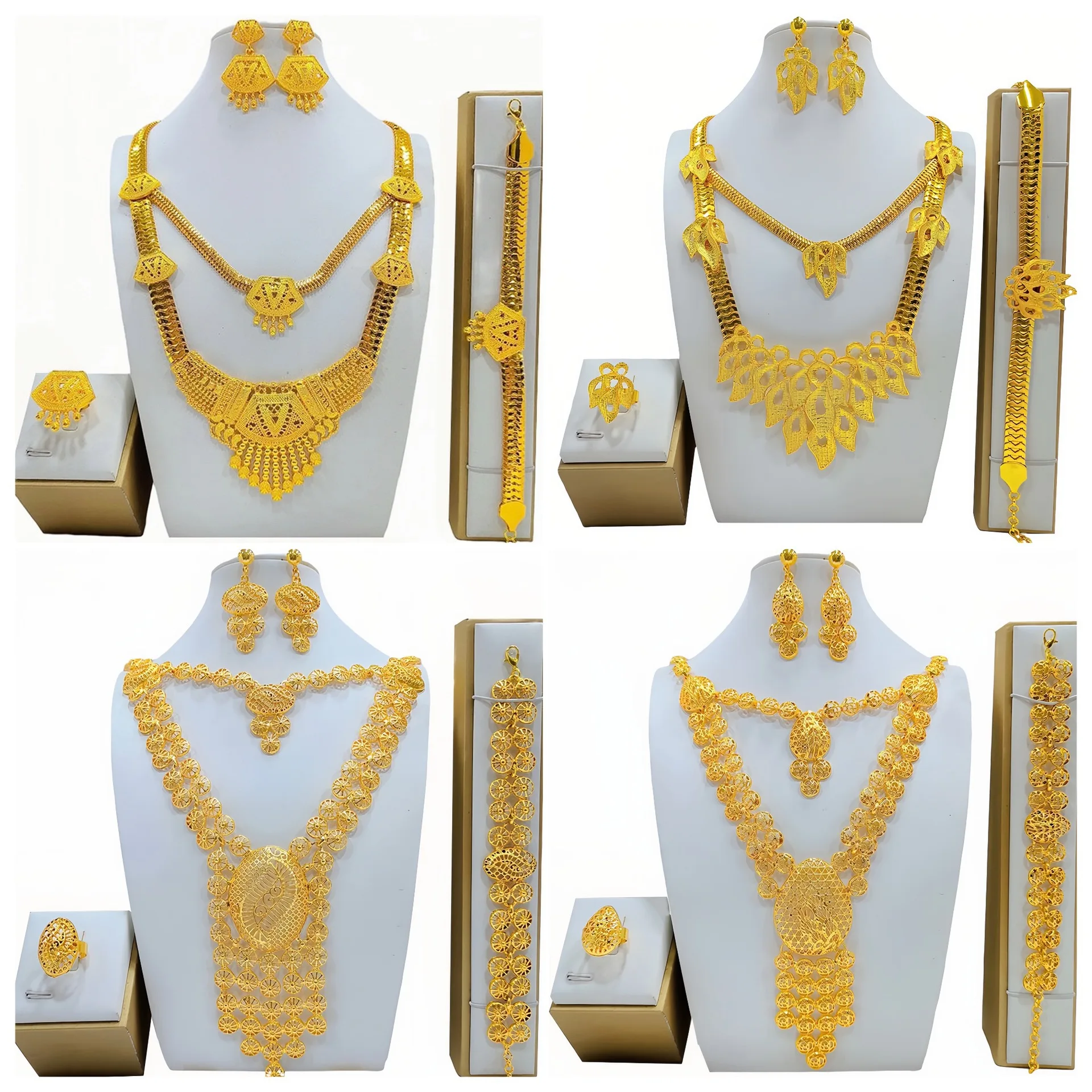 24K الذهب الحقيقي 9999 الذهب الأصفر والمجوهرات دعوى قلادة طويلة دعوى سوار حلقة أقراط قلادة الزفاف