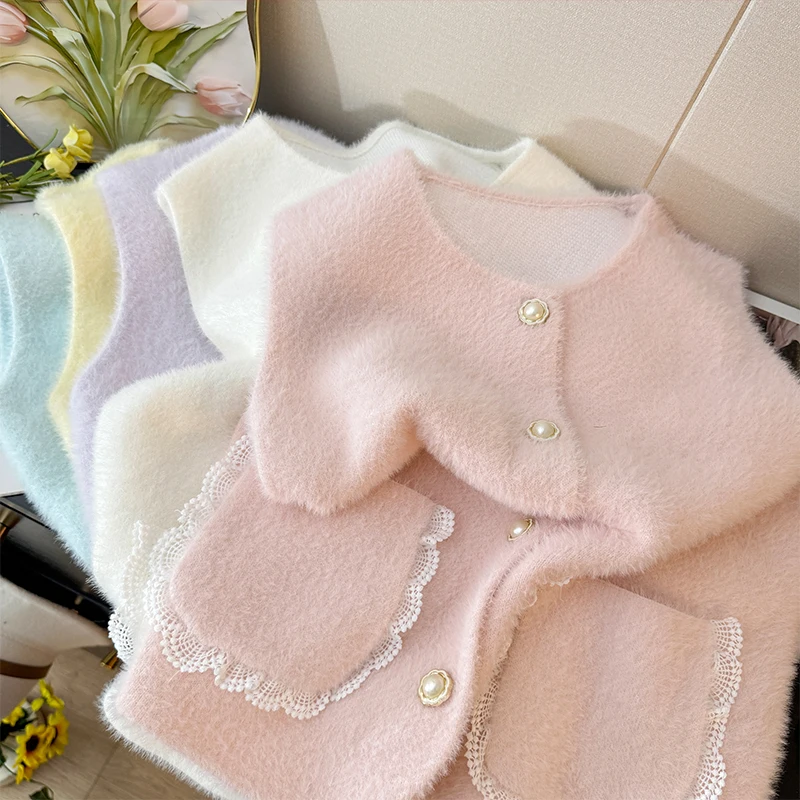 

OCEANLOVE Autumn Winter Jackets for Woman Solid Sweet Short Vests Korean Fashion Single Breasted Elegant Pockets Cardigans