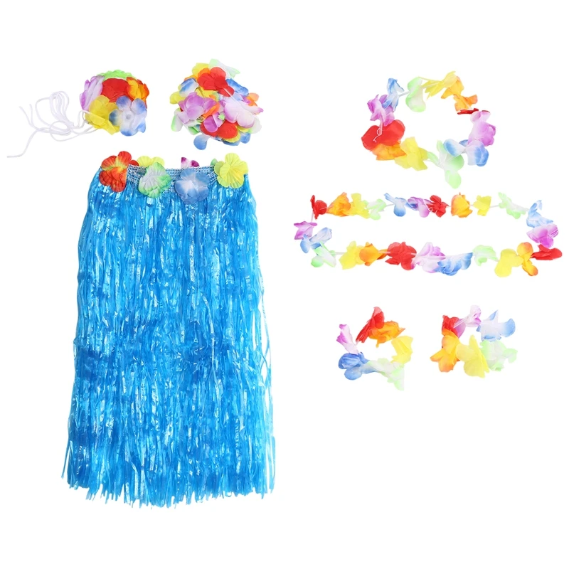 6 Set Hawaiian Grass Skirt Flower Hula Lei Wristband Garland Fancy Dress Costume - Blue