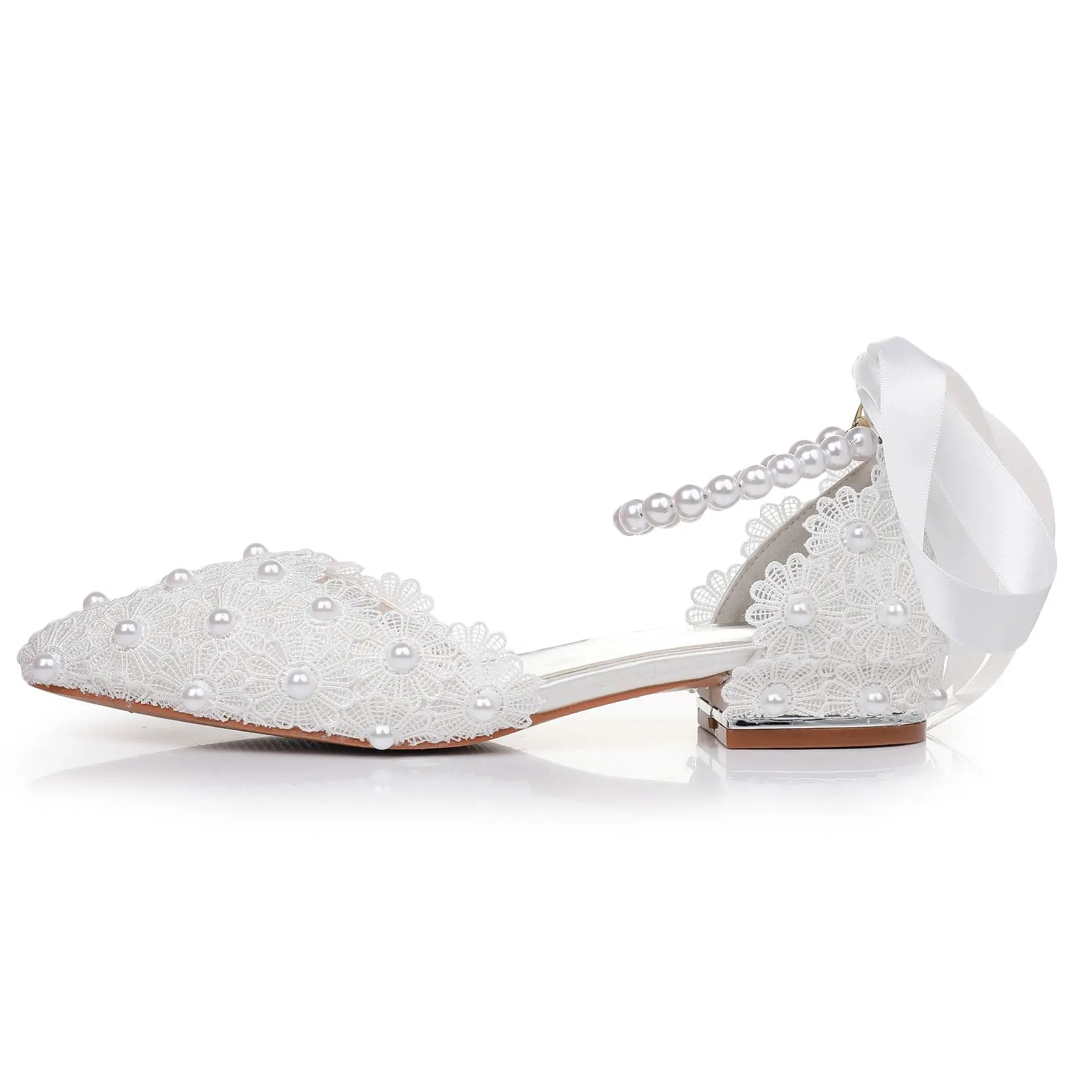 Crystal Queen Fashion Sexy Elegant High Heels Ankle Strap Party Sandals Women White Pearl Rhinestone Lace Wedding Shoes view 5