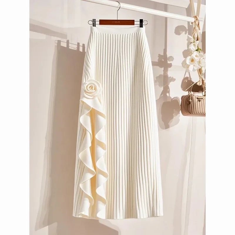 New French 3D Floral Ruffles Skirt Women Fashion Elegant High Waist Casual Solid Color Knitted Skirts Autumn Winter Knitwear