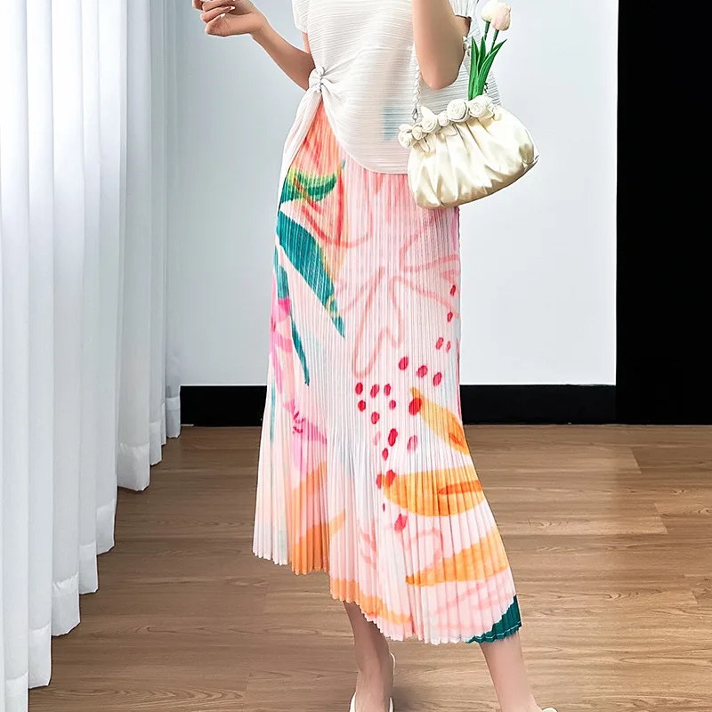 

Miyake 2024 Summer Casual Half Length Skirt Women High Waist Fresh Printed, Comfortable, Versatile, Wrinkled Mid Length Skirt